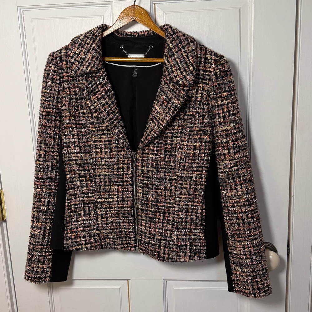 WHBM- Black Gray White Pink Red Boucle Tweed Jacket/ Blazer, size 12